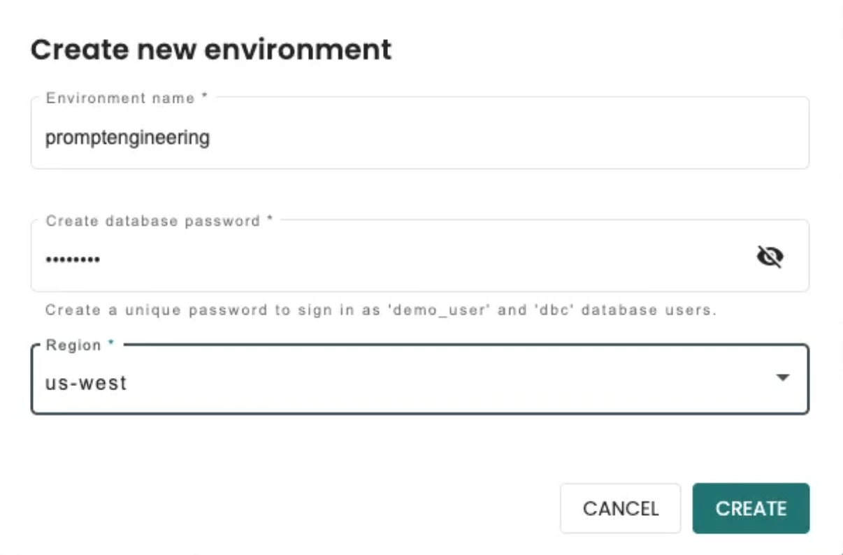 Web interface form for creating a new environment in ClearScape Analytics Experience site. The form has fields for entering an environment name, creating a database password, and selecting a region, with 'us-west' currently selected. There are buttons for 'CANCEL' and 'CREATE' at the bottom of the form.